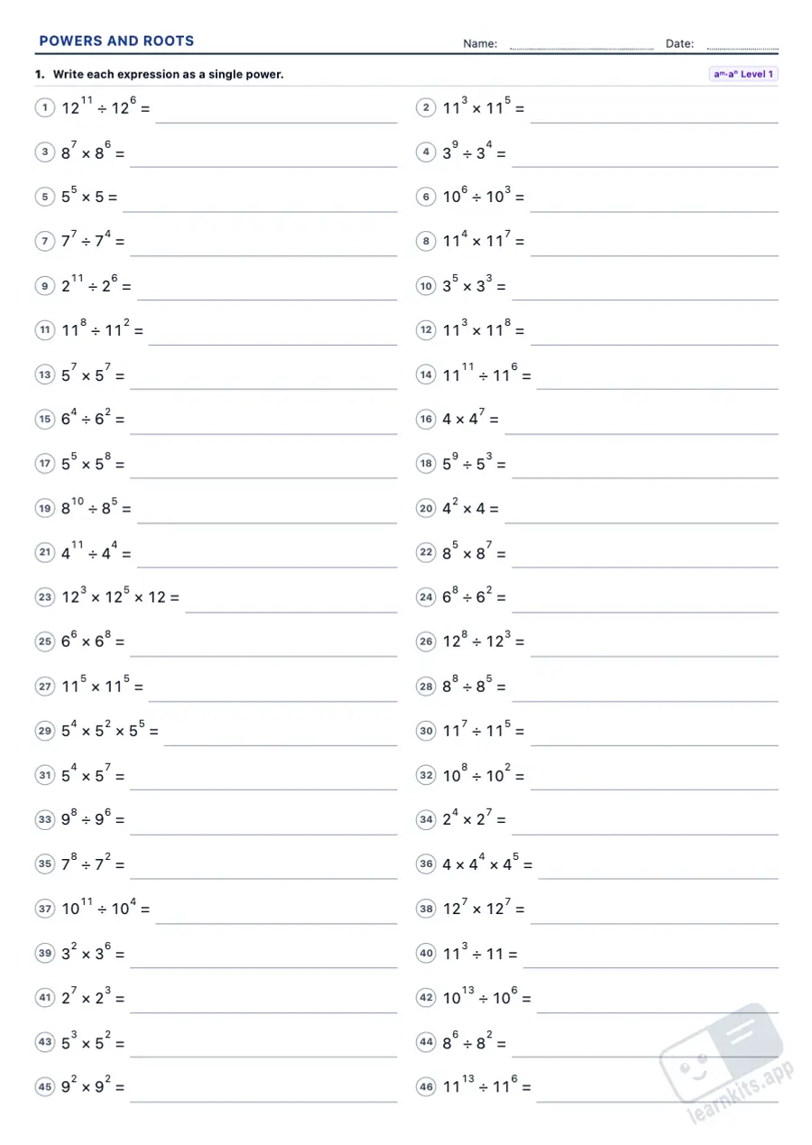Powers and Square Roots Worksheet Generator: sample printable A4 worksheet, first page of the student sheet