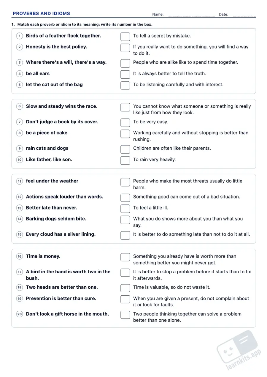 Proverbs and idioms worksheets to print: sample printable A4 worksheet, first page of the student sheet