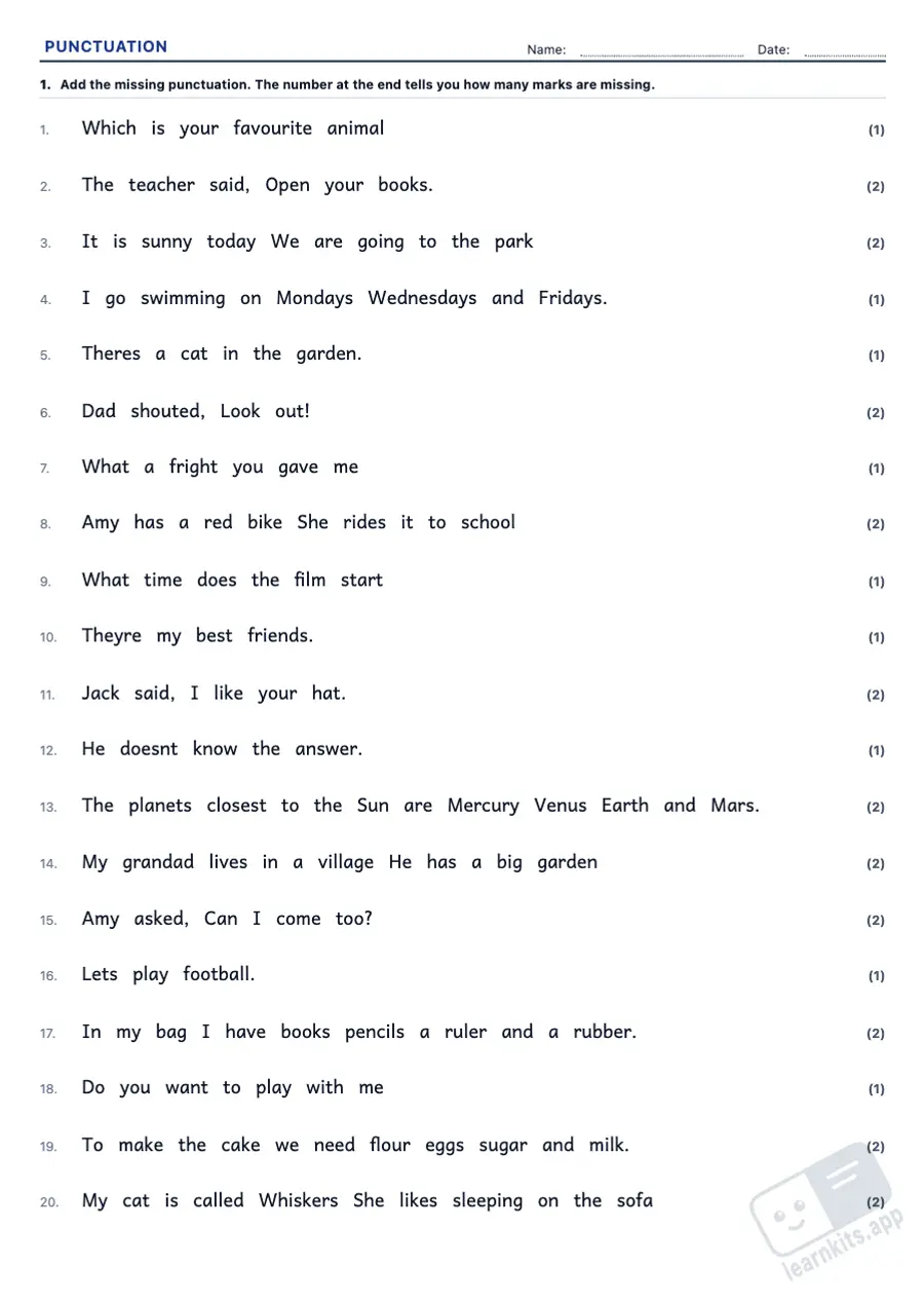 Punctuation Worksheet Generator: sample printable A4 worksheet, first page of the student sheet