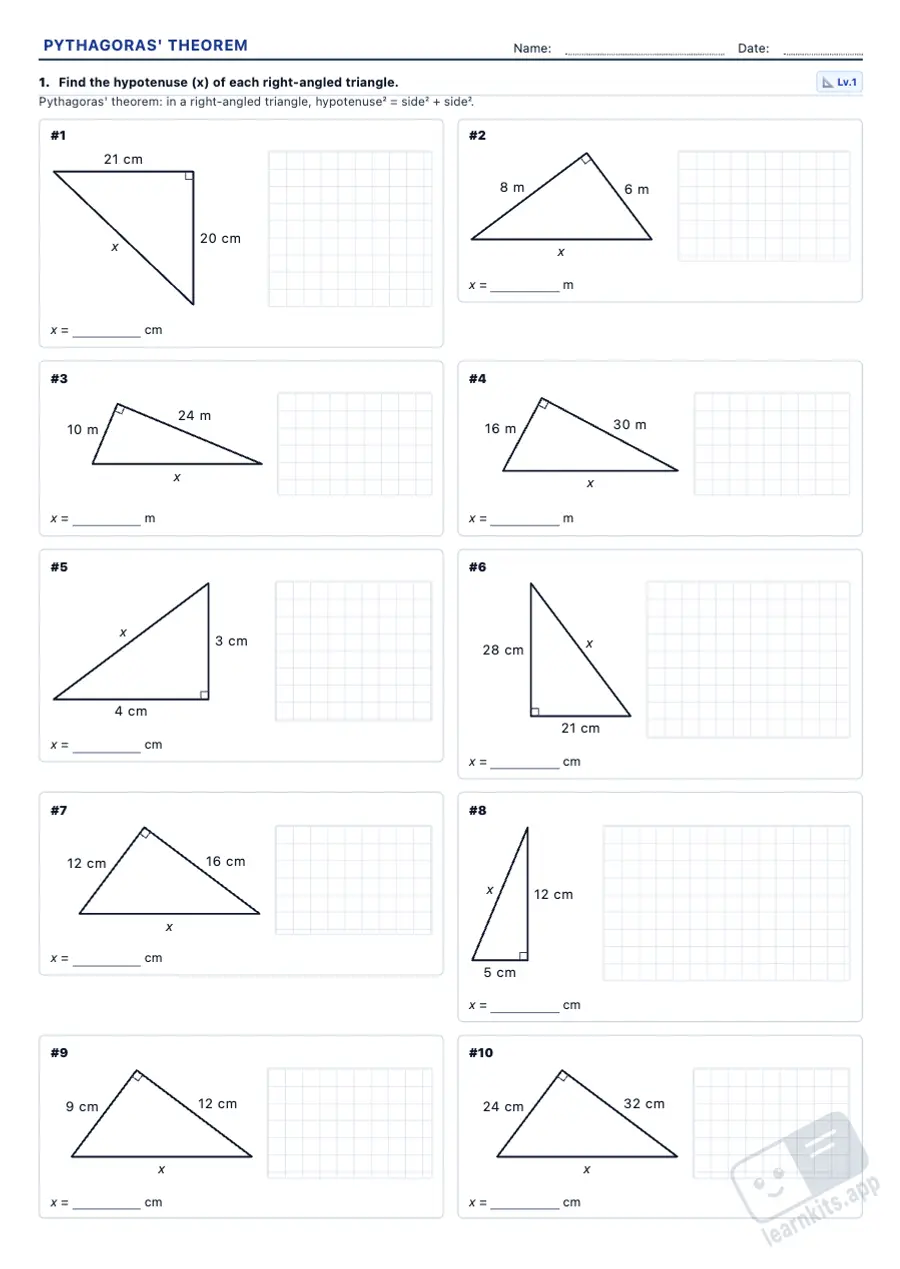 Pythagorean Theorem Worksheet Generator: sample printable A4 worksheet, first page of the student sheet