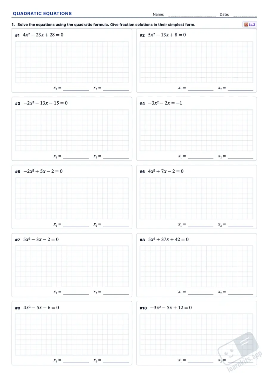 Quadratic Equations Worksheet Generator: sample printable A4 worksheet, first page of the student sheet
