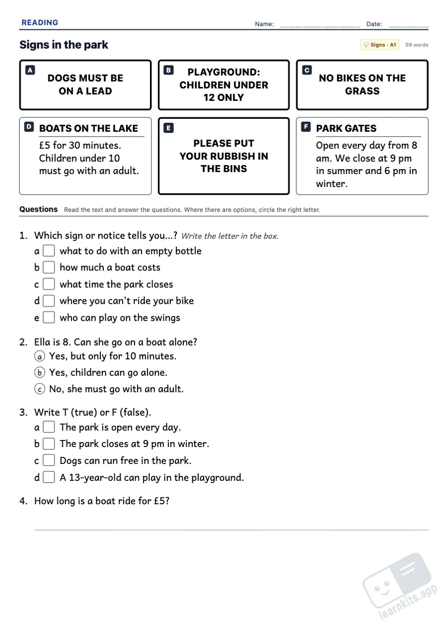 ESL Reading Comprehension Worksheet Generator: sample printable A4 worksheet, first page of the student sheet