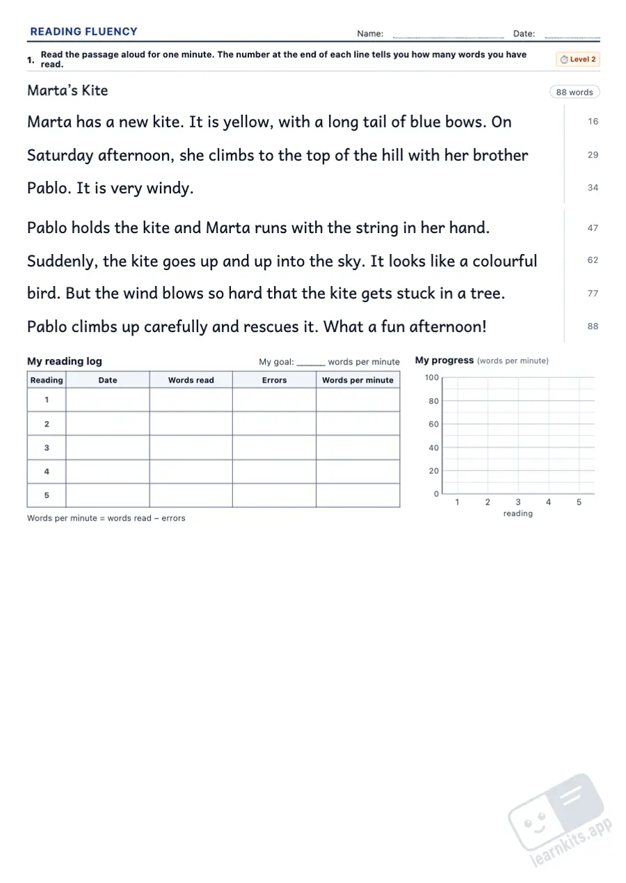 Reading Fluency Worksheet Generator: sample printable A4 worksheet, first page of the student sheet
