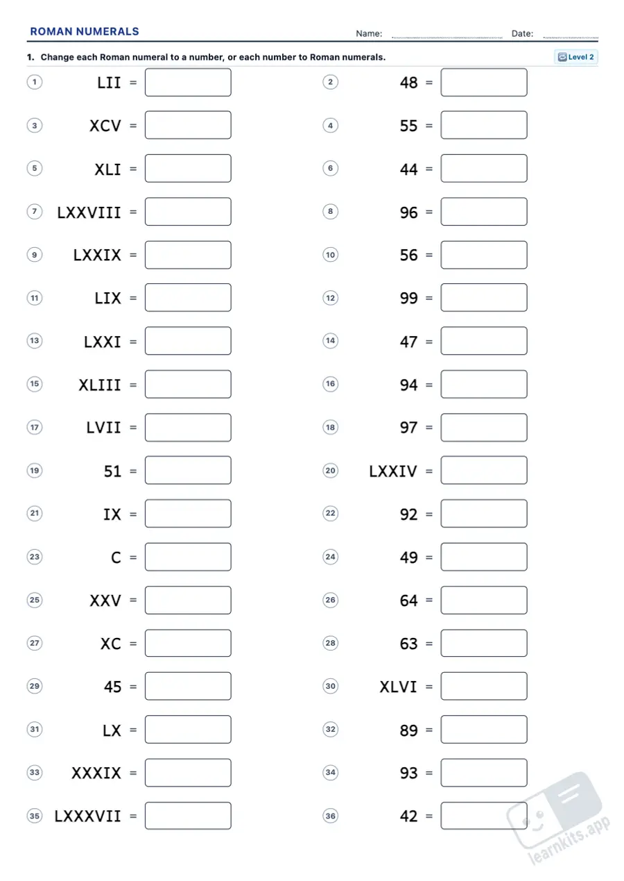 Roman Numerals Worksheet Generator: sample printable A4 worksheet, first page of the student sheet