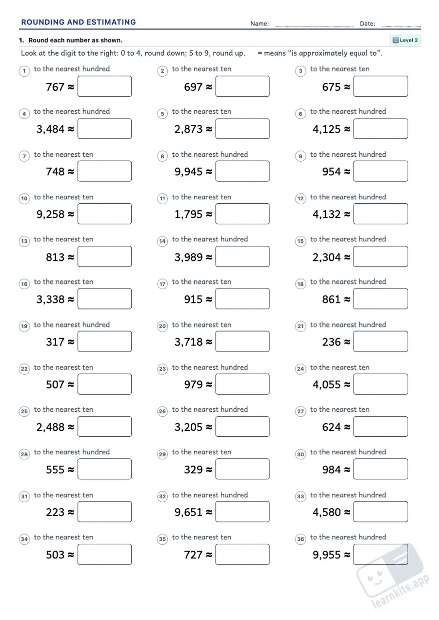 Rounding and Estimating Worksheet Generator: sample printable A4 worksheet, first page of the student sheet