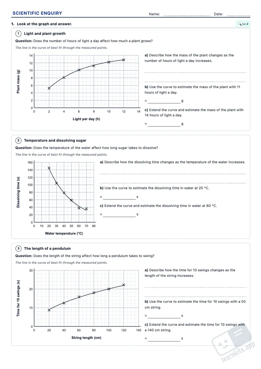 Scientific Enquiry Worksheet Generator: sample printable A4 worksheet, first page of the student sheet