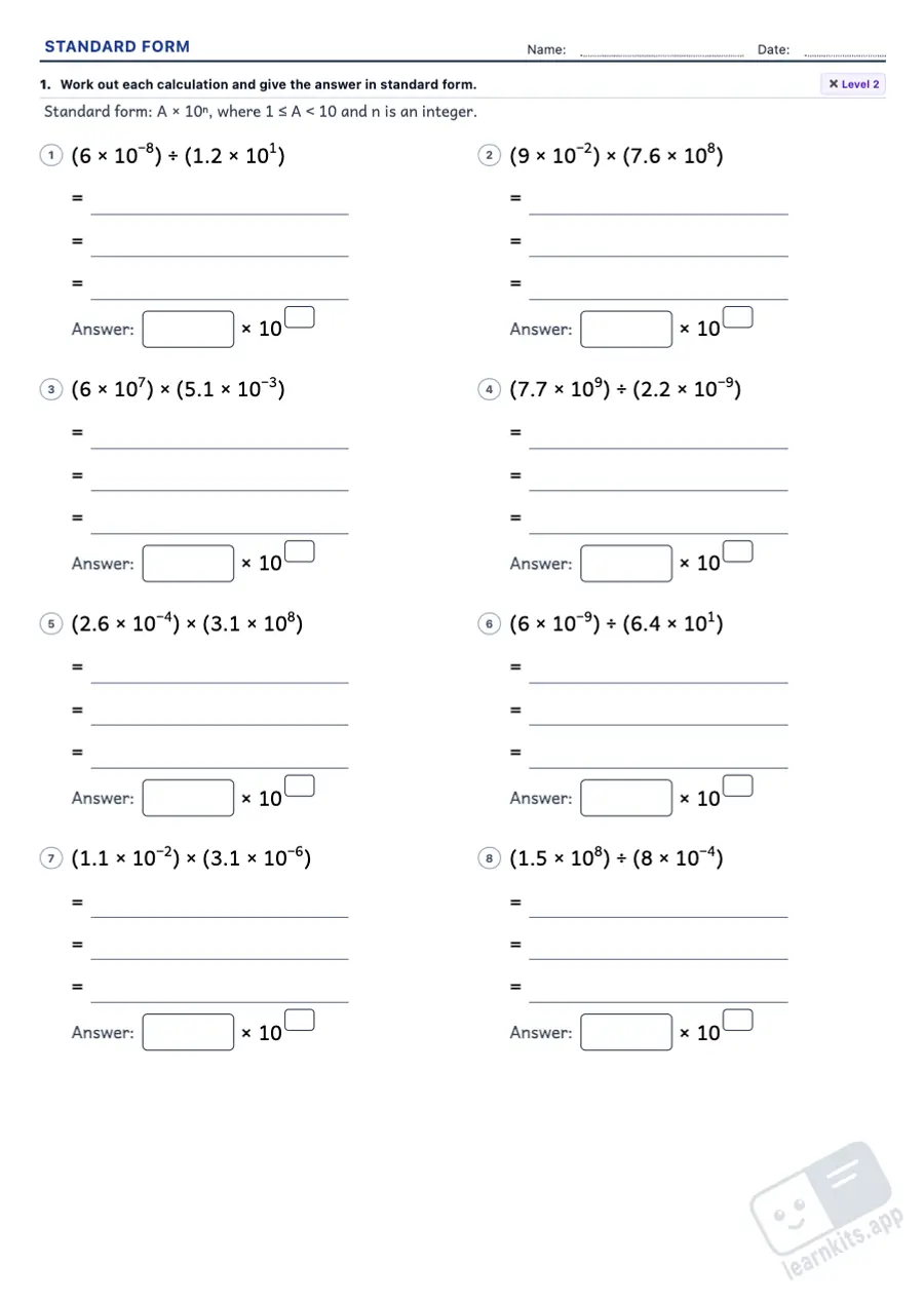 Scientific Notation Worksheet Generator: sample printable A4 worksheet, first page of the student sheet