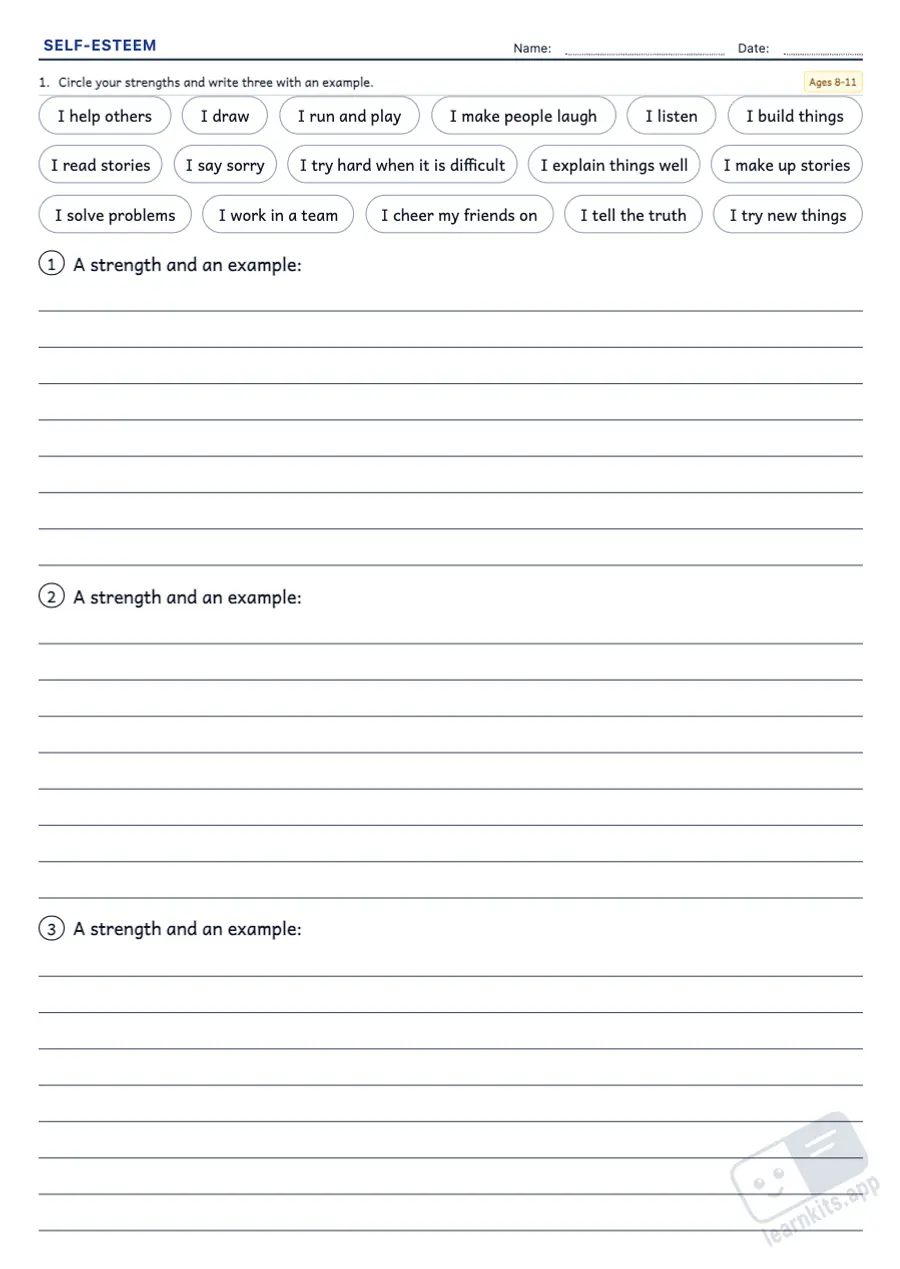 Self-esteem and strengths worksheets: sample printable A4 worksheet, first page of the student sheet
