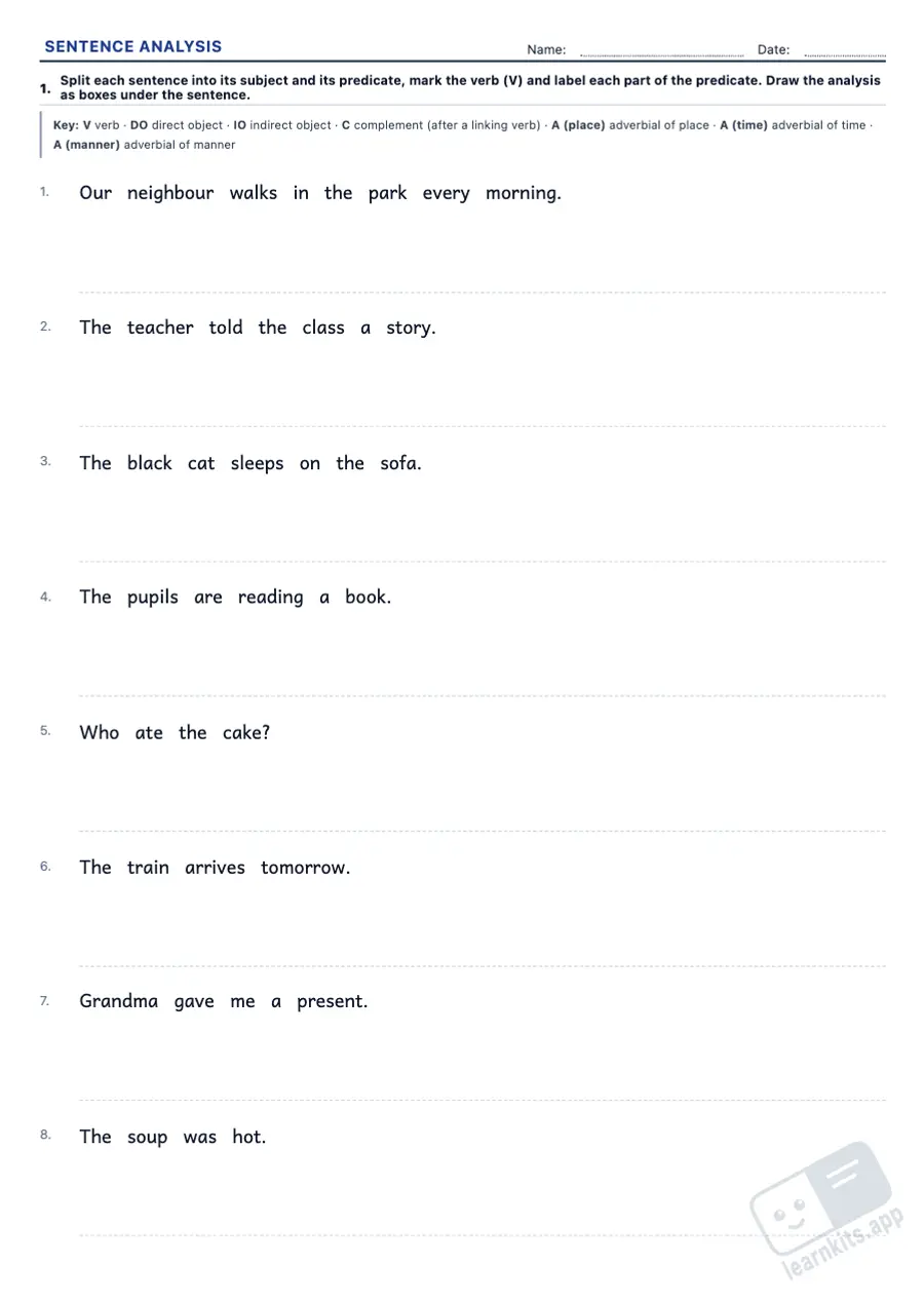 Sentence Analysis Worksheet Generator: sample printable A4 worksheet, first page of the student sheet
