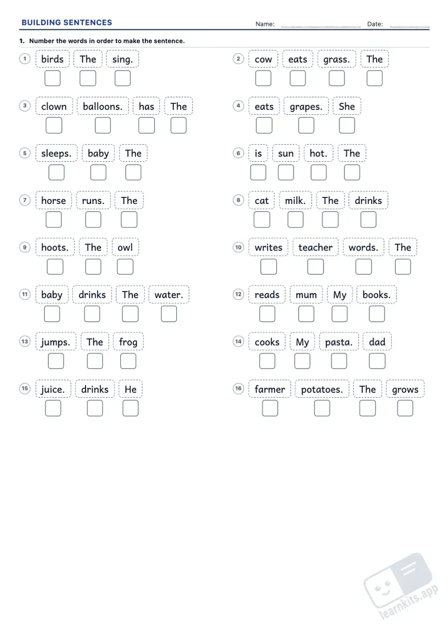 Sentence Building Worksheet Generator: sample printable A4 worksheet, first page of the student sheet