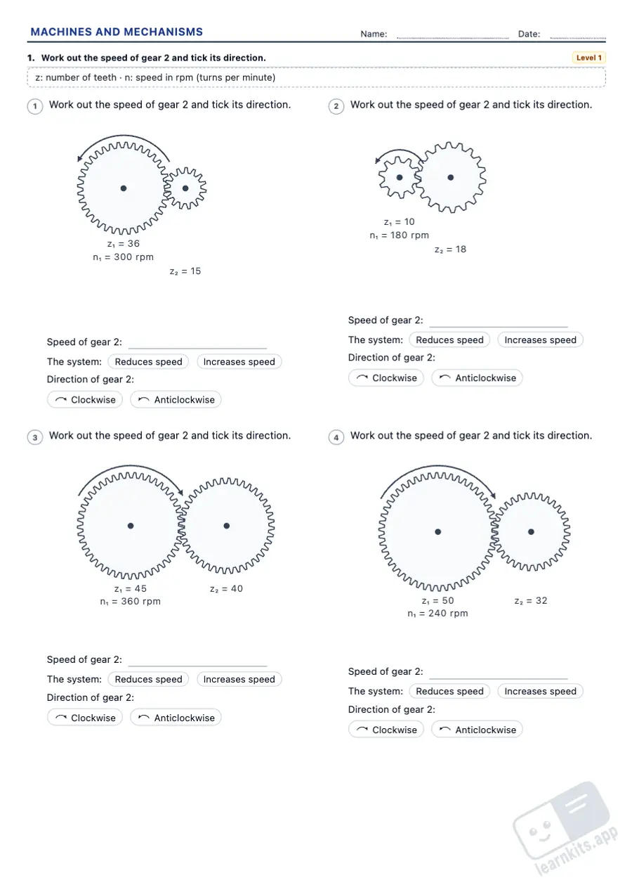 Simple Machines and Mechanisms Worksheets: sample printable A4 worksheet, first page of the student sheet