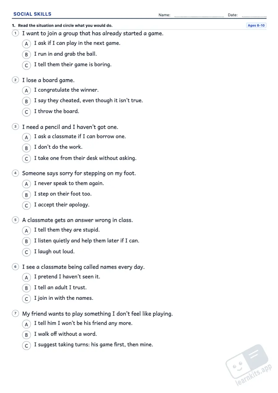 Social skills worksheets: sample printable A4 worksheet, first page of the student sheet