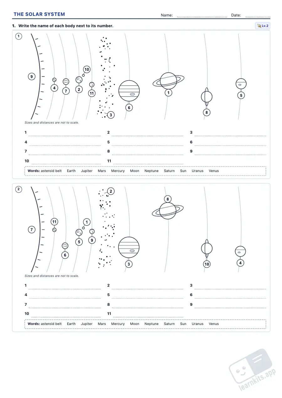 Solar System Worksheet Generator: sample printable A4 worksheet, first page of the student sheet