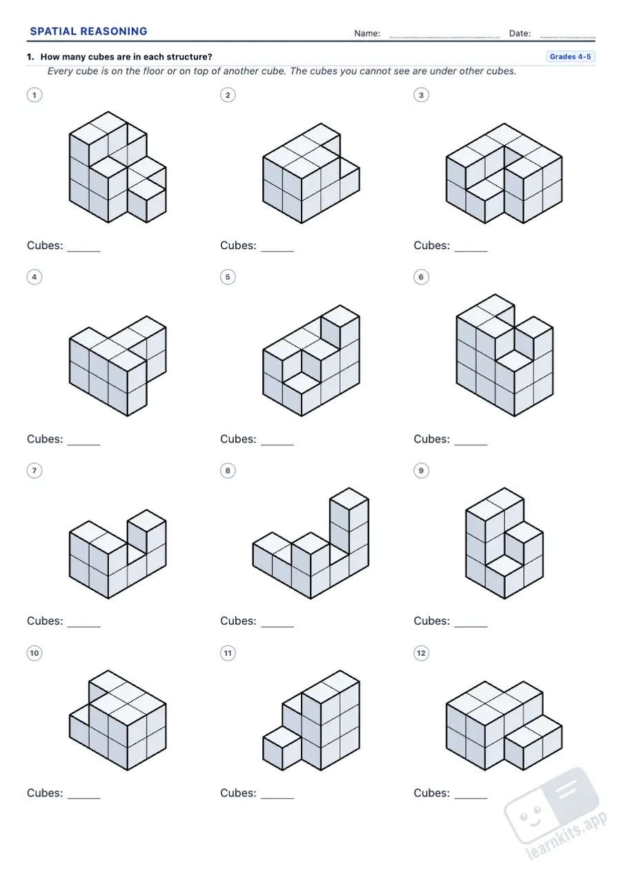 Printable spatial reasoning worksheets: sample printable A4 worksheet, first page of the student sheet