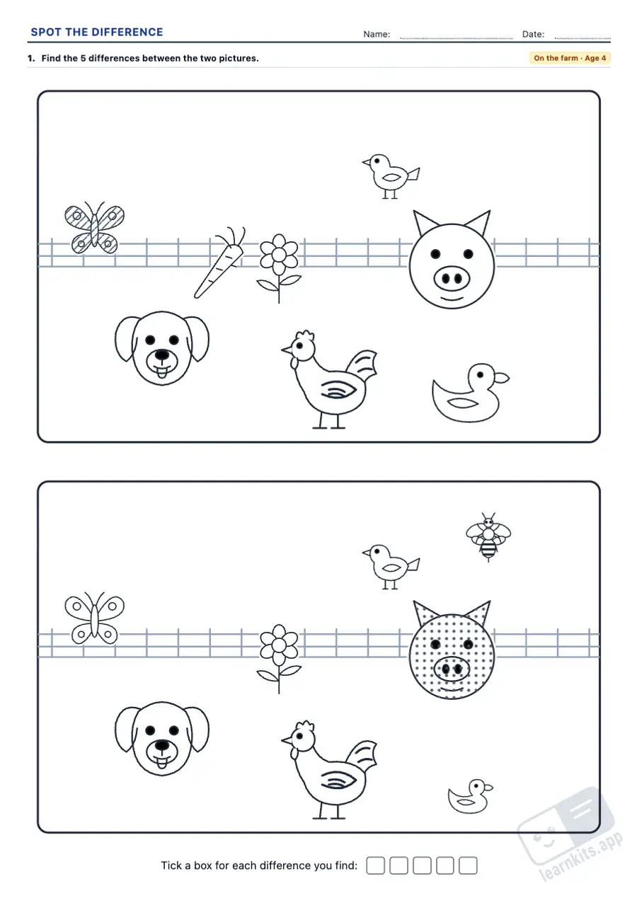 Printable spot the difference worksheets: sample printable A4 worksheet, first page of the student sheet