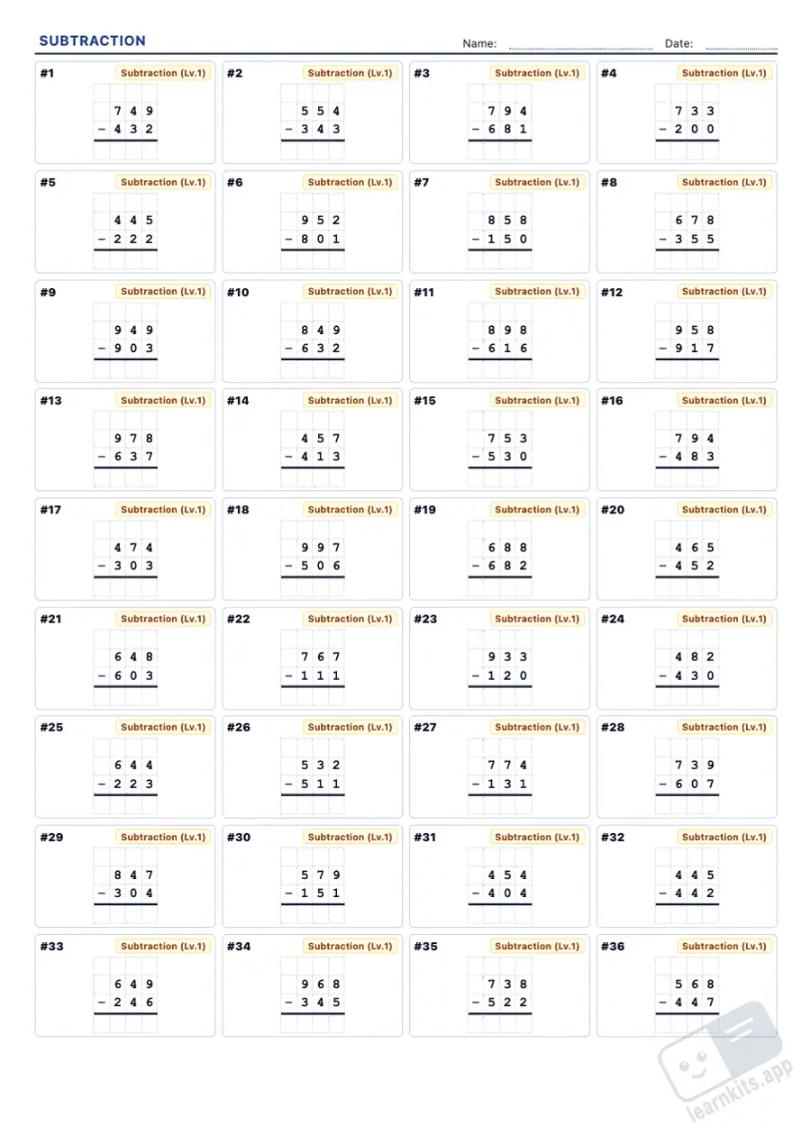 Column subtraction worksheets with answer key: sample printable A4 worksheet, first page of the student sheet