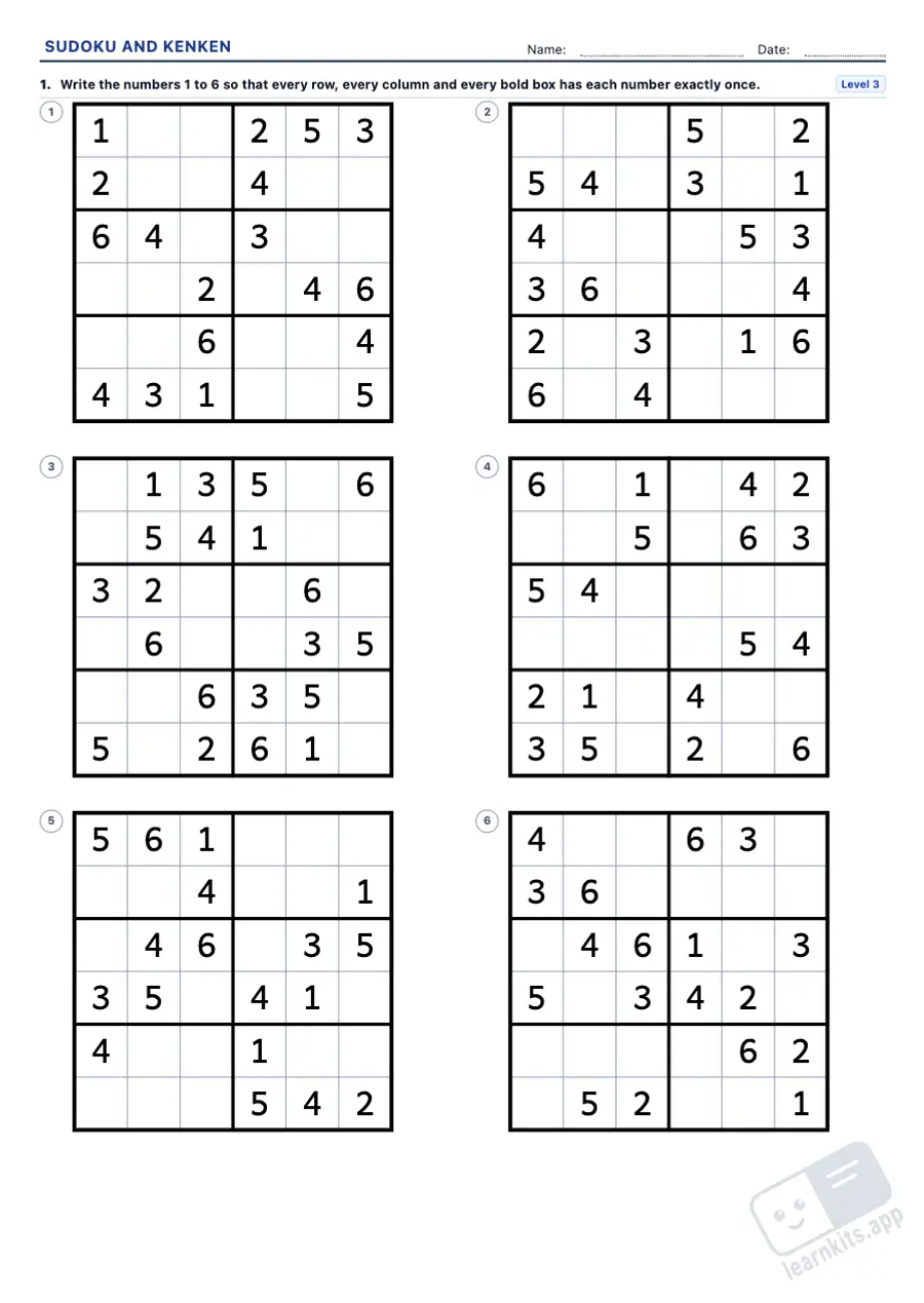 Sudoku and KenKen Worksheet Generator: sample printable A4 worksheet, first page of the student sheet
