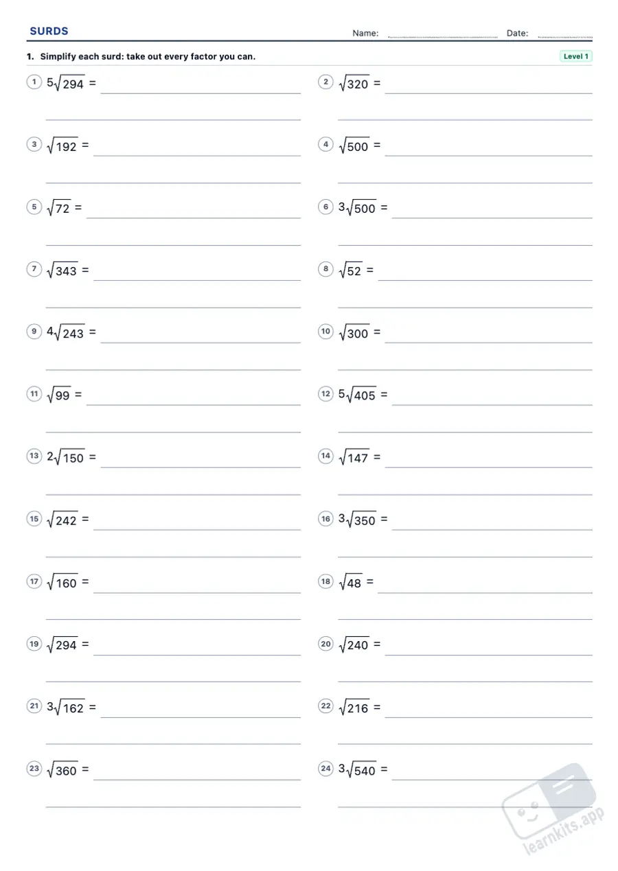 Surds Worksheet Generator: sample printable A4 worksheet, first page of the student sheet