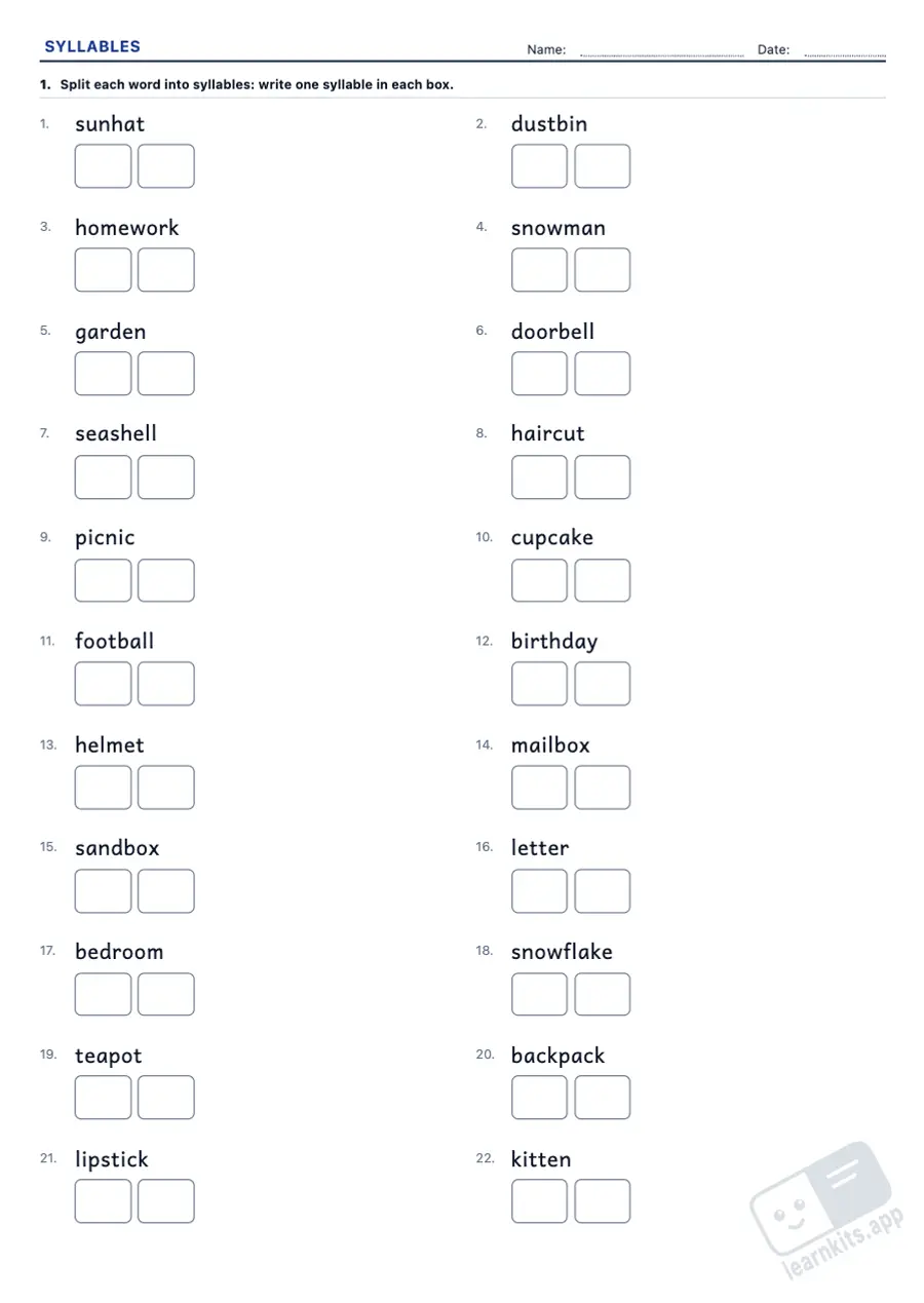Syllable Worksheet Generator: sample printable A4 worksheet, first page of the student sheet