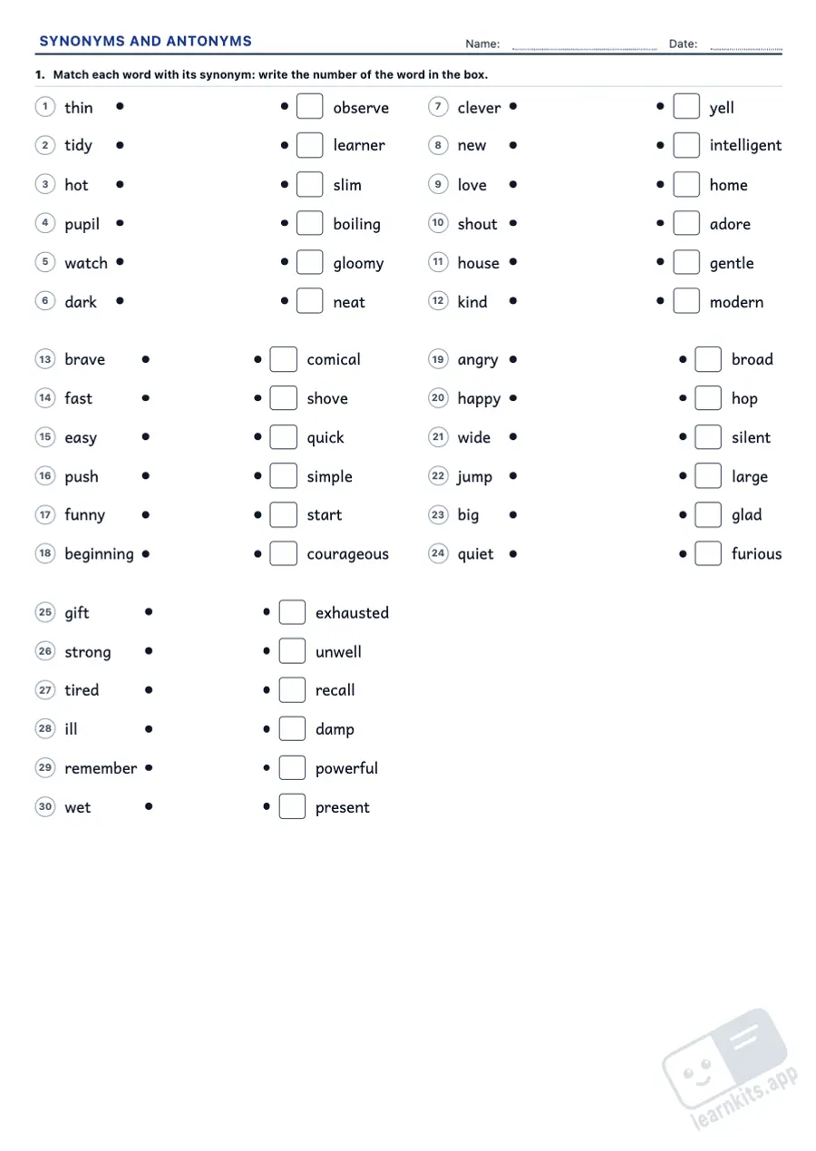 Synonyms and Antonyms Worksheet Generator: sample printable A4 worksheet, first page of the student sheet
