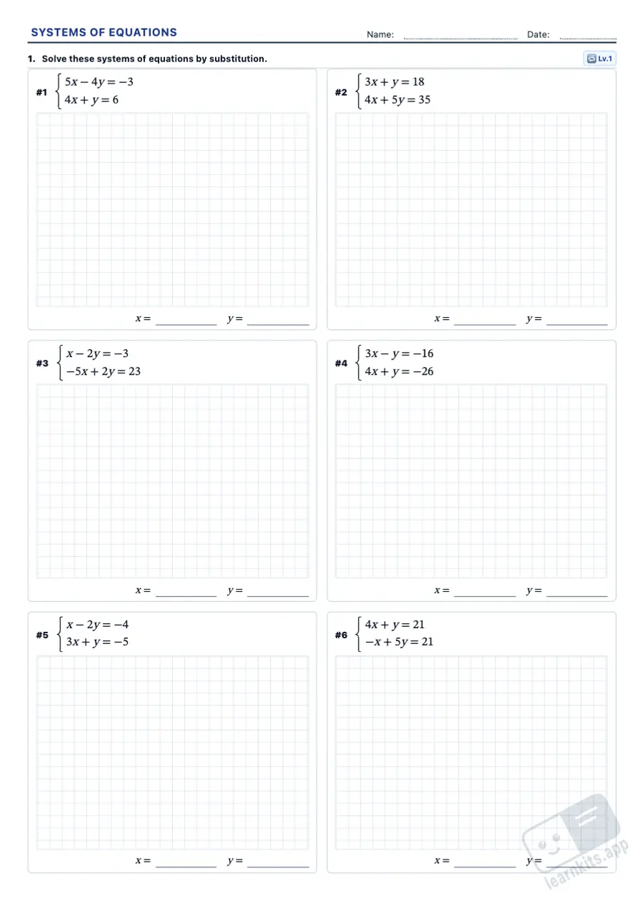Systems of Equations Worksheet Generator: sample printable A4 worksheet, first page of the student sheet