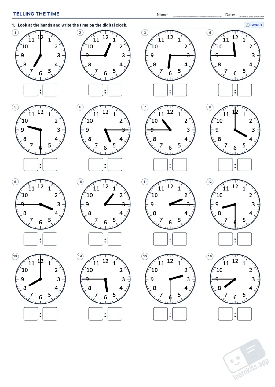 Telling Time Worksheet Generator: sample printable A4 worksheet, first page of the student sheet