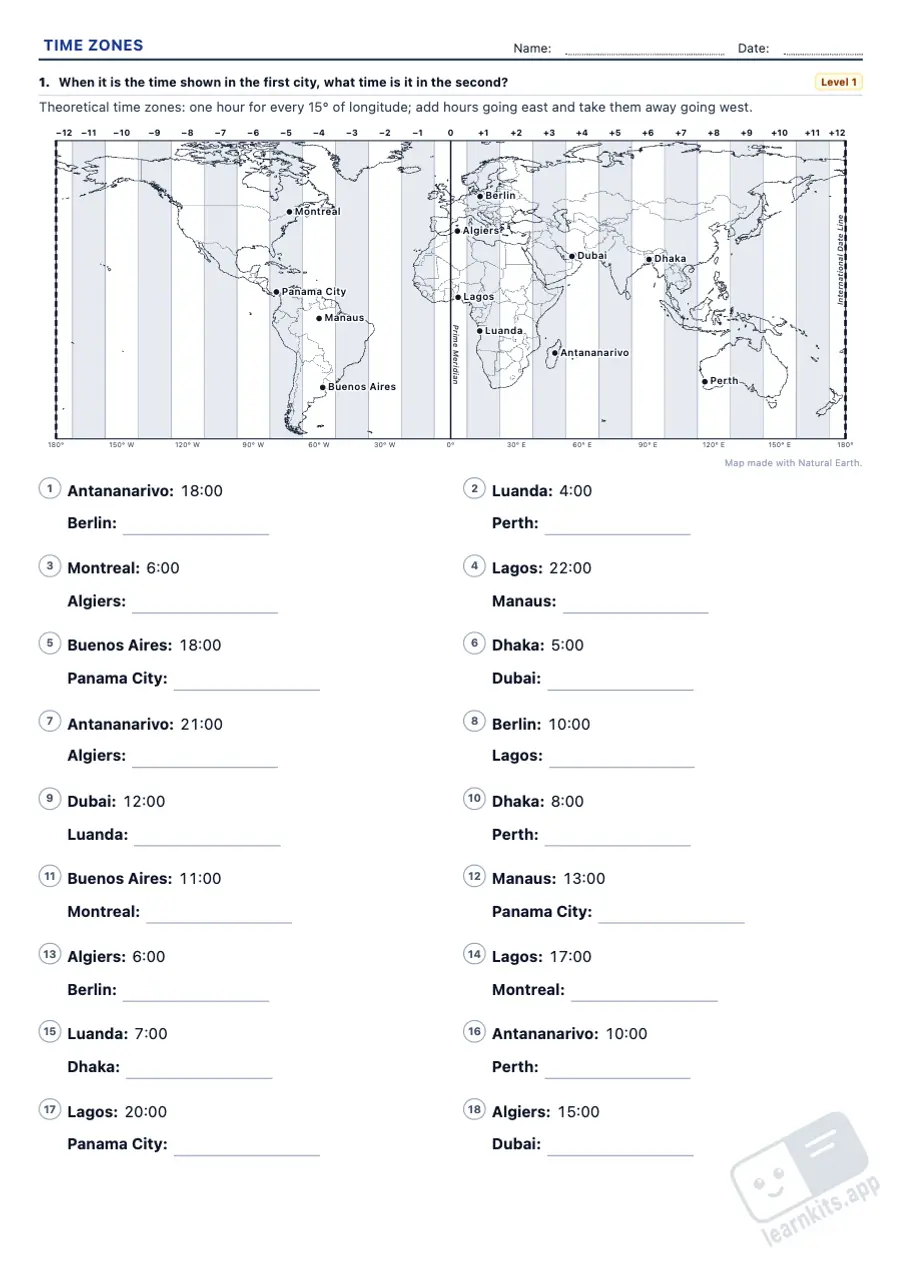 Time zones worksheets to print, with answers: sample printable A4 worksheet, first page of the student sheet