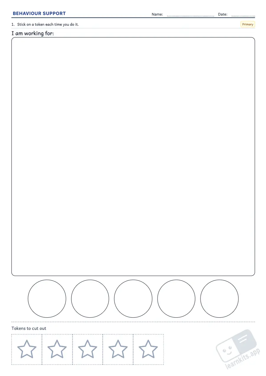 Token boards and behaviour charts: sample printable A4 worksheet, first page of the student sheet