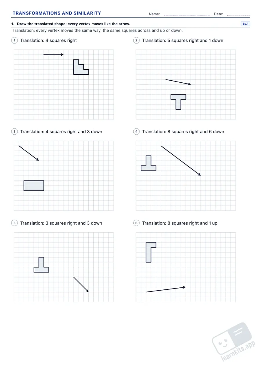 Transformations and similarity worksheets to print: sample printable A4 worksheet, first page of the student sheet