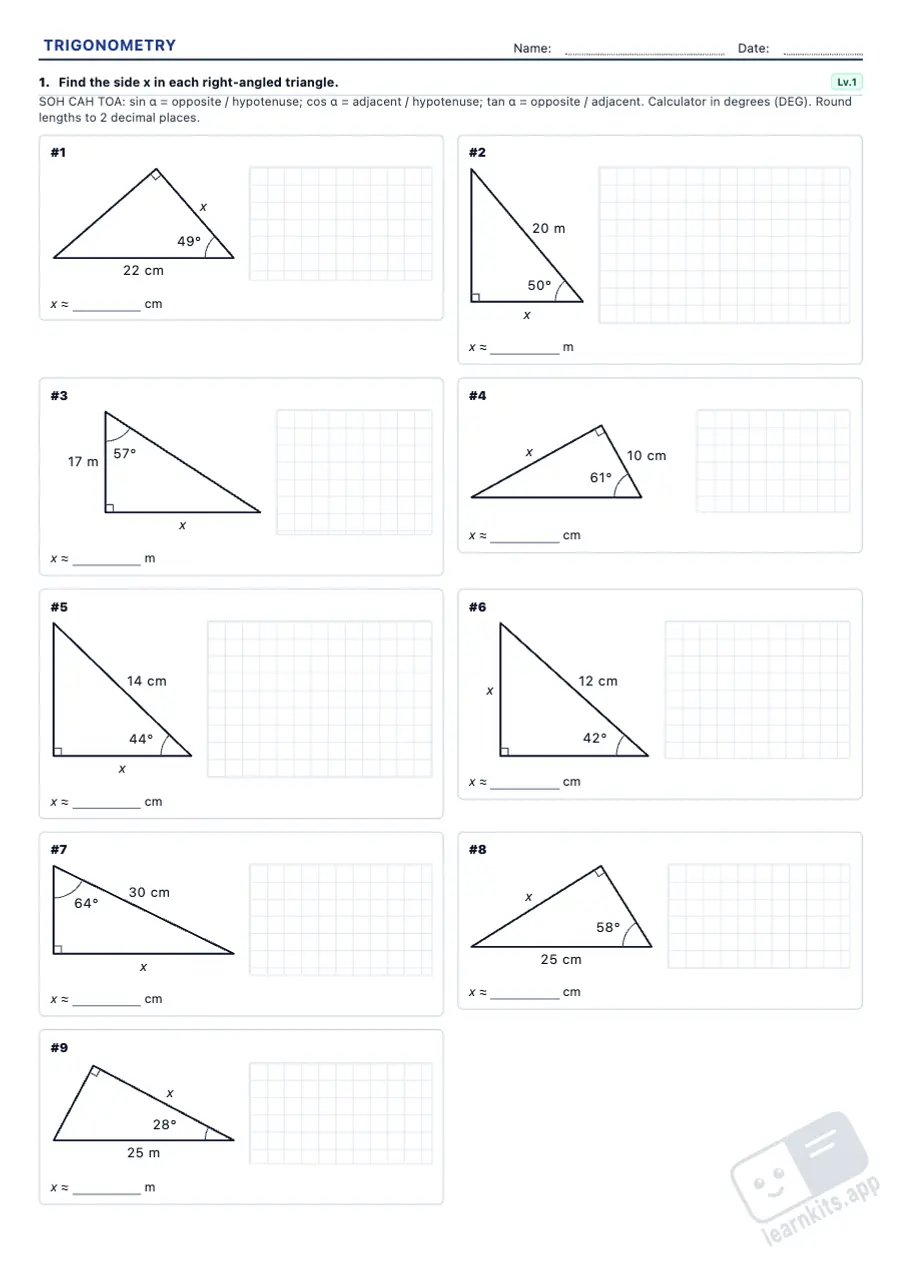 Right Triangle Trigonometry Worksheet Generator: sample printable A4 worksheet, first page of the student sheet