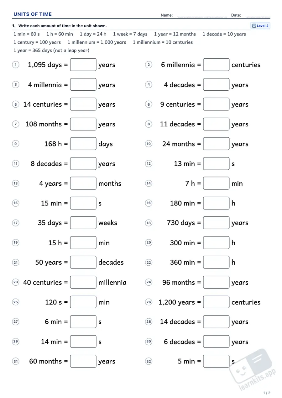 Time Units Conversion Worksheet Generator: sample printable A4 worksheet, first page of the student sheet