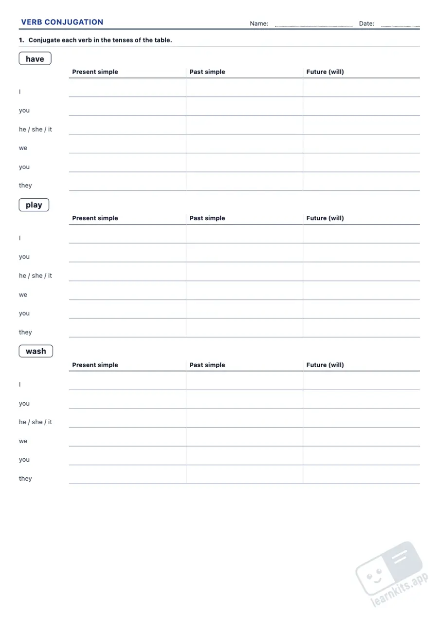 Verb Conjugation Worksheet Generator: sample printable A4 worksheet, first page of the student sheet