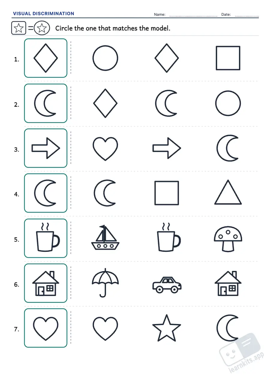 Printable visual discrimination worksheets: sample printable A4 worksheet, first page of the student sheet