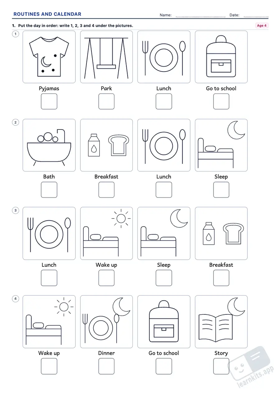 Daily Routine and Calendar Generator: sample printable A4 worksheet, first page of the student sheet