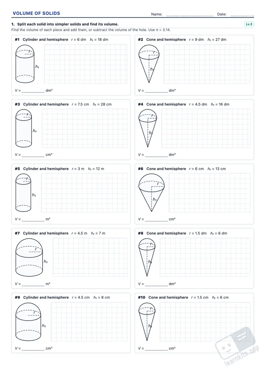 Volume of Solids Worksheet Generator: sample printable A4 worksheet, first page of the student sheet