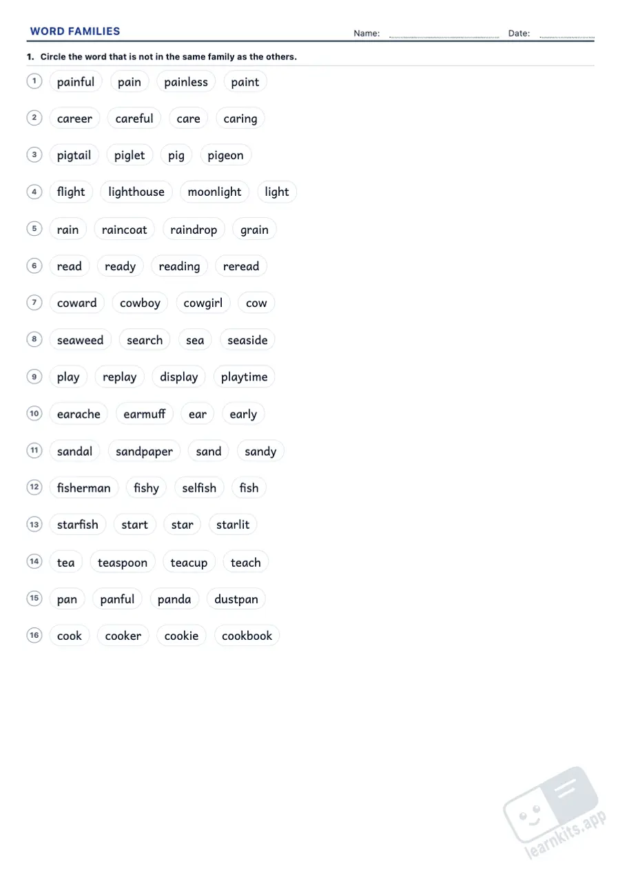 Word Families, Prefixes and Suffixes Worksheet Generator: sample printable A4 worksheet, first page of the student sheet