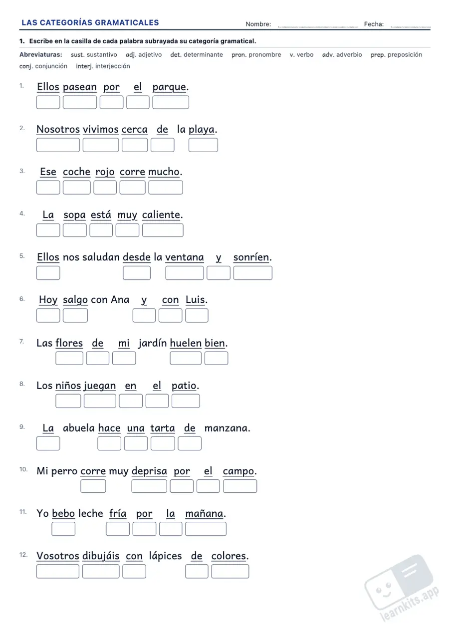 Generador de Fichas de Categorías Gramaticales: ejemplo de ficha A4 para imprimir, primera página de la ficha del alumno