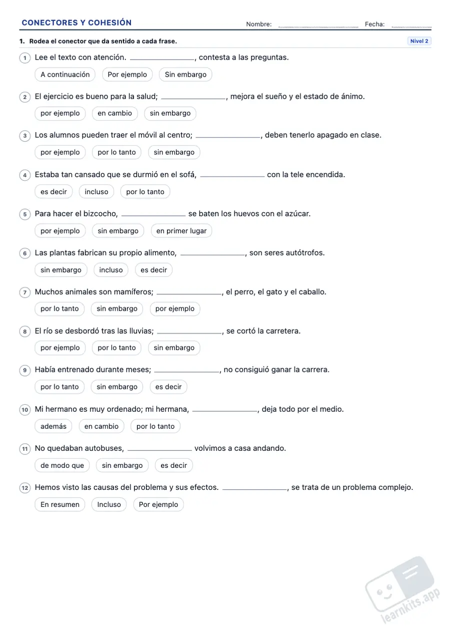 Ejercicios de conectores y cohesión textual para imprimir: ejemplo de ficha A4 para imprimir, primera página de la ficha del alumno