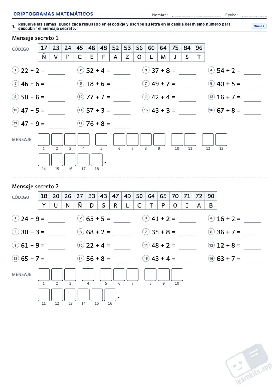 Generador de Criptogramas Matemáticos: ejemplo de ficha A4 para imprimir, primera página de la ficha del alumno