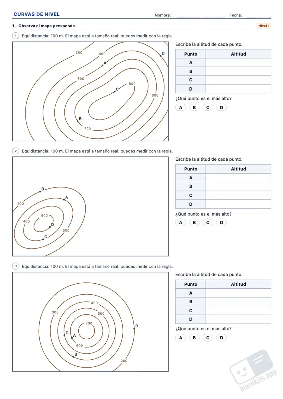 Fichas de curvas de nivel y perfiles topográficos: ejemplo de ficha A4 para imprimir, primera página de la ficha del alumno