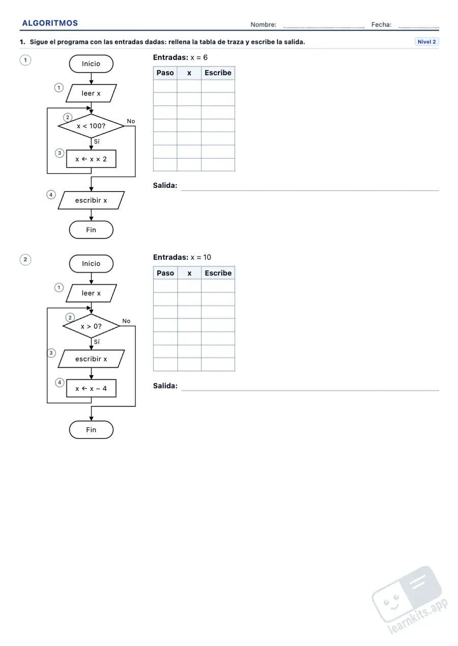 Ejercicios de diagramas de flujo y algoritmos para imprimir: ejemplo de ficha A4 para imprimir, primera página de la ficha del alumno