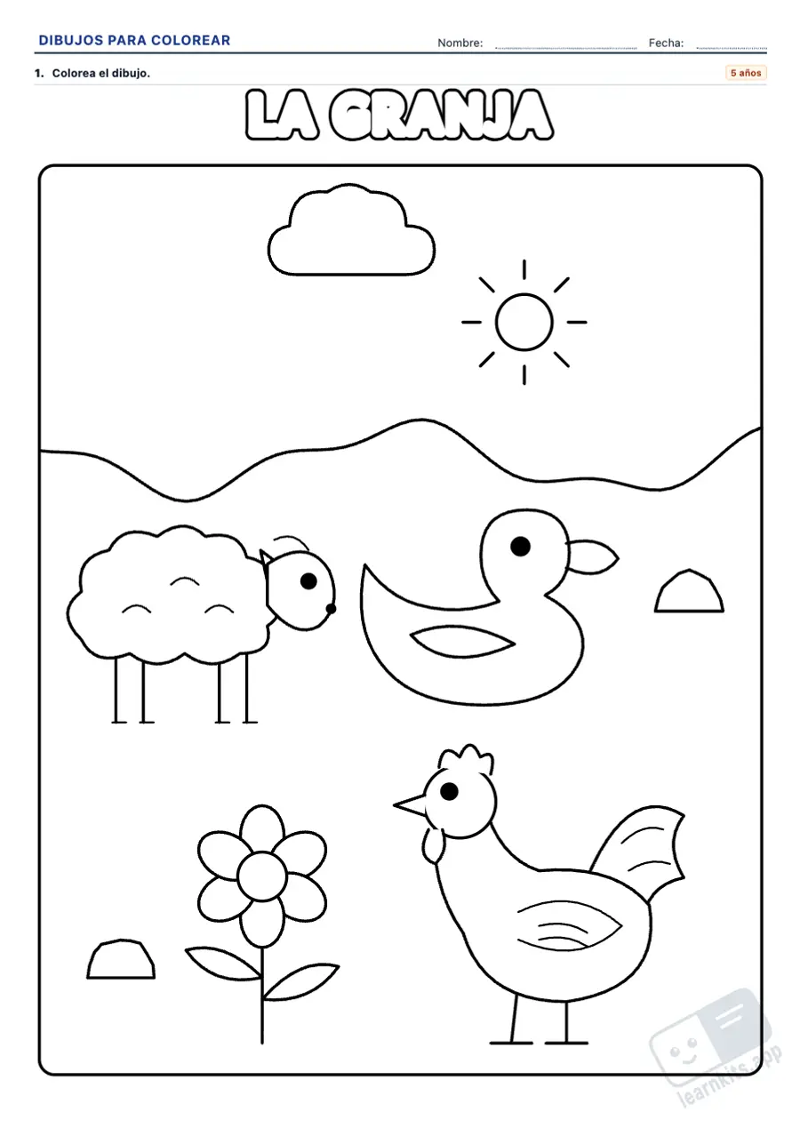 Dibujos para colorear para niños: ejemplo de ficha A4 para imprimir, primera página de la ficha del alumno