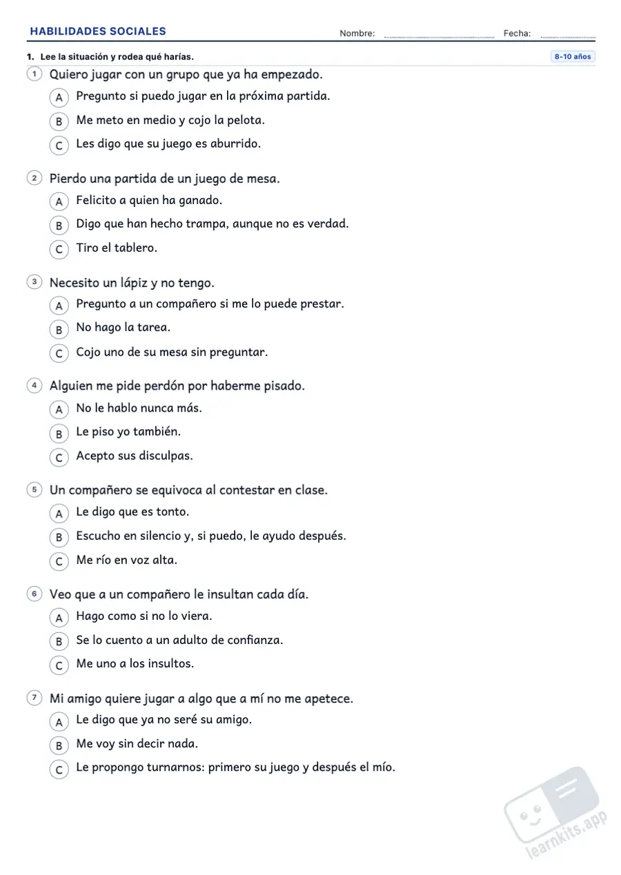 Fichas de habilidades sociales: ejemplo de ficha A4 para imprimir, primera página de la ficha del alumno