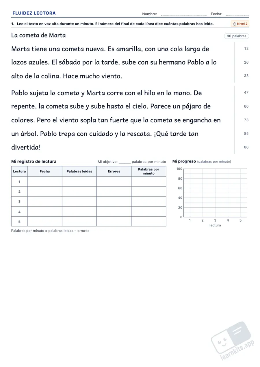 Generador de Fichas de Fluidez Lectora: ejemplo de ficha A4 para imprimir, primera página de la ficha del alumno