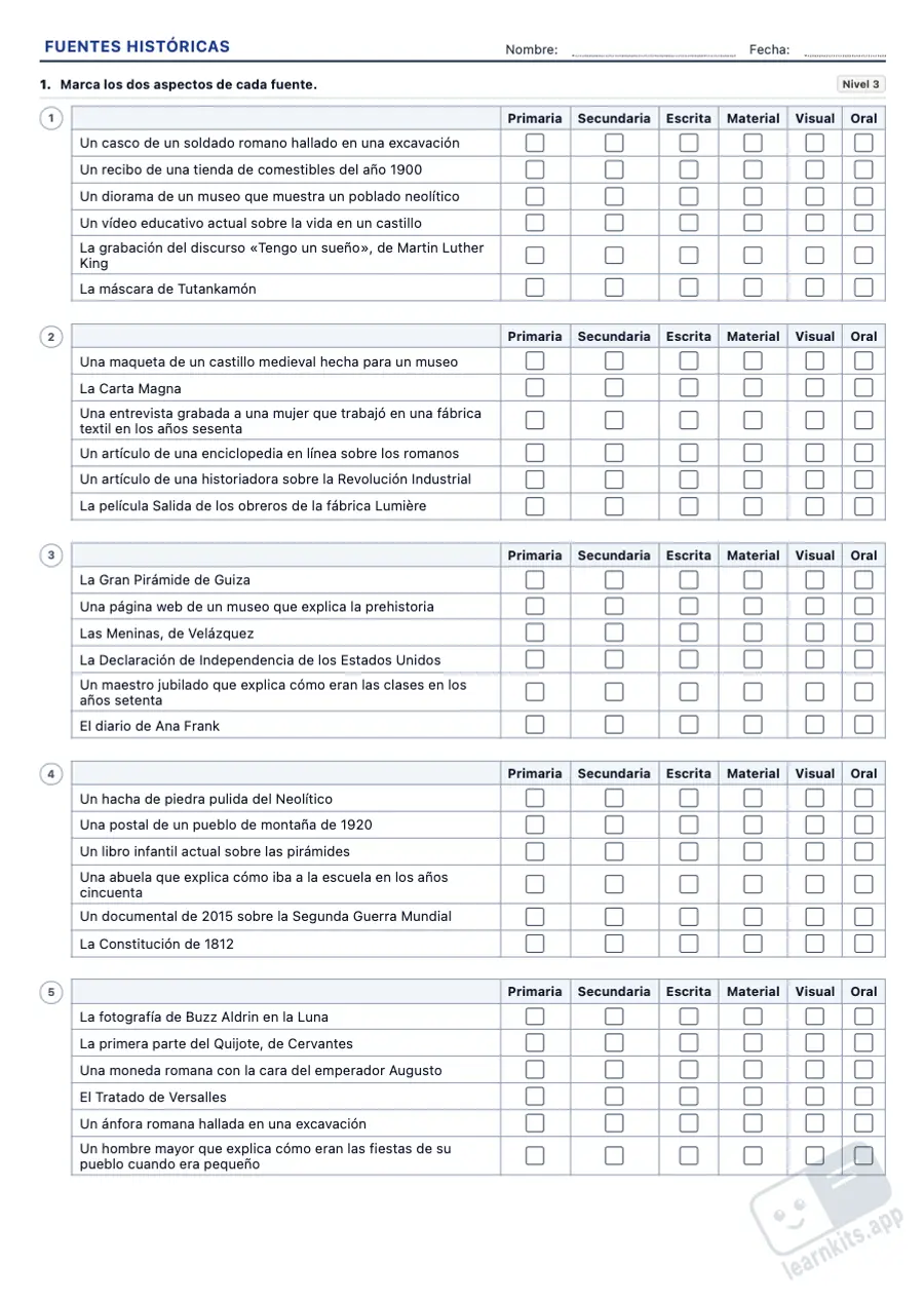 Fichas de fuentes históricas: ejemplo de ficha A4 para imprimir, primera página de la ficha del alumno
