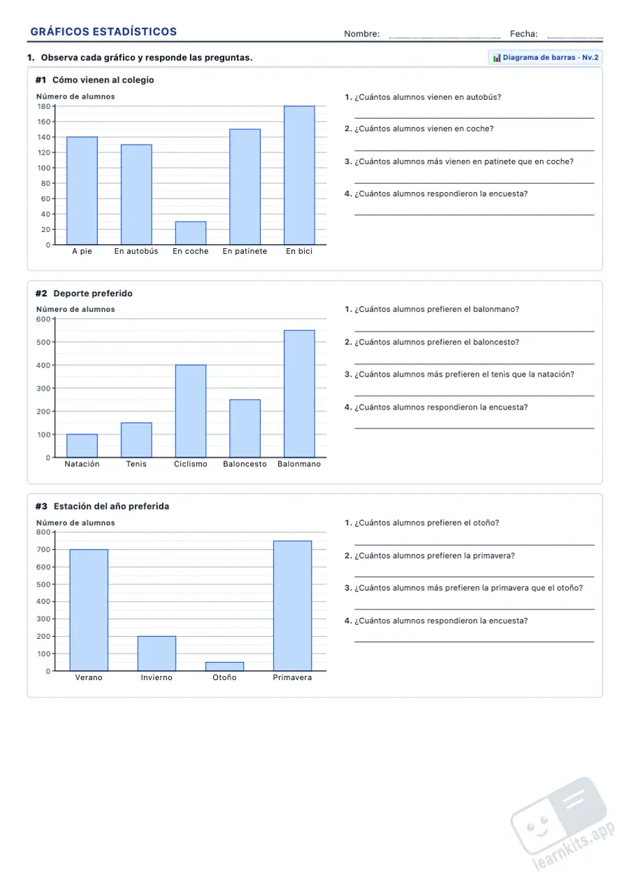 Generador de Fichas de Gráficos Estadísticos: ejemplo de ficha A4 para imprimir, primera página de la ficha del alumno
