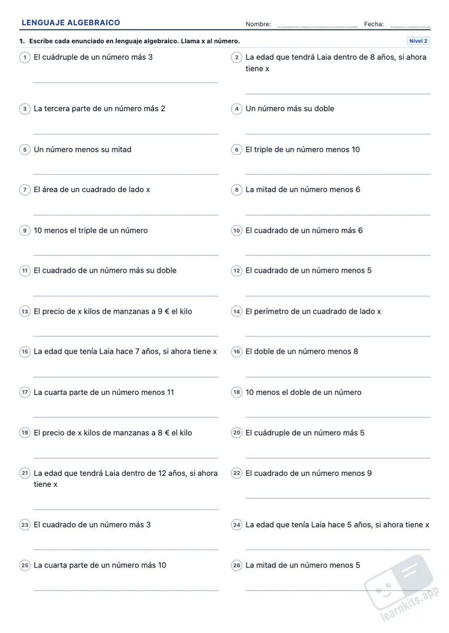 Ejercicios de lenguaje algebraico para imprimir, resueltos: ejemplo de ficha A4 para imprimir, primera página de la ficha del alumno