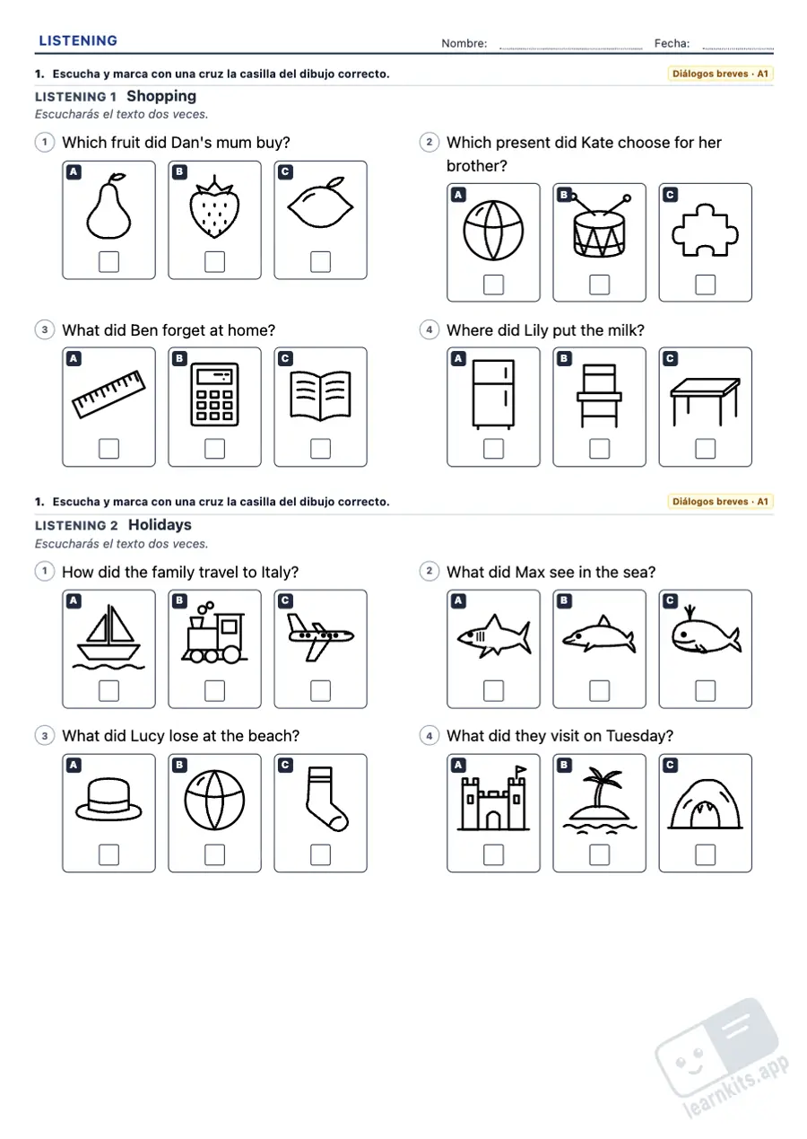 Ejercicios de listening en inglés para imprimir: ejemplo de ficha A4 para imprimir, primera página de la ficha del alumno
