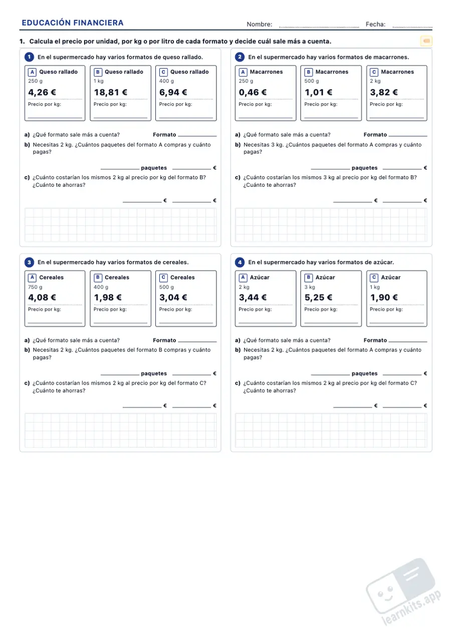 Generador de Fichas de Educación Financiera: ejemplo de ficha A4 para imprimir, primera página de la ficha del alumno