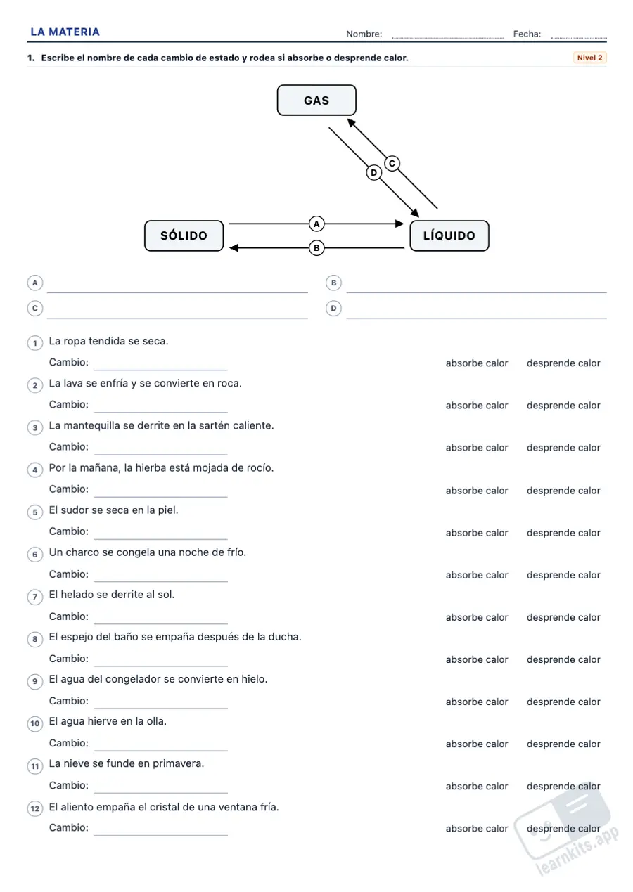 Ejercicios de la materia, los cambios de estado y las mezclas para imprimir: ejemplo de ficha A4 para imprimir, primera página de la ficha del alumno
